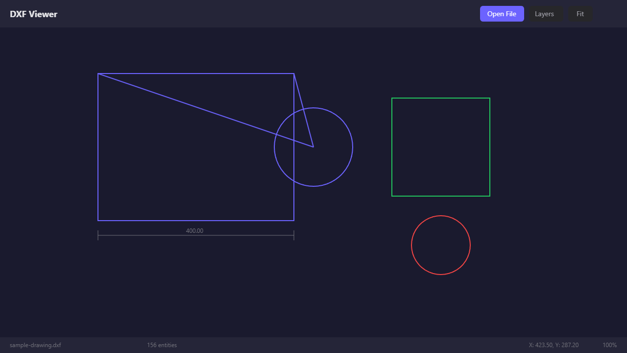 DXF Viewer interface showing a drawing with layers, a measurement and the status bar